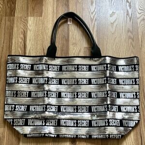 Victoria's Secret Black & Silver Sequin Large Weekender Tote Bag Travel‎ Purse